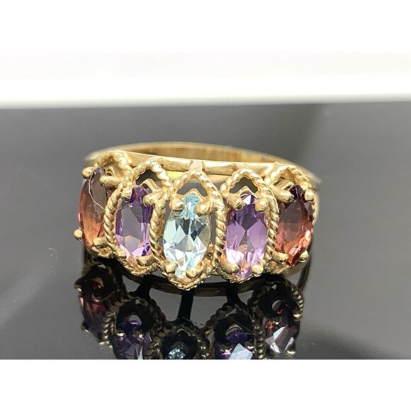 10k Yellow Gold Multi Color Gemstone Cubic Zirconia Estate Women's Size 6.75 - Picture 1 of 14
